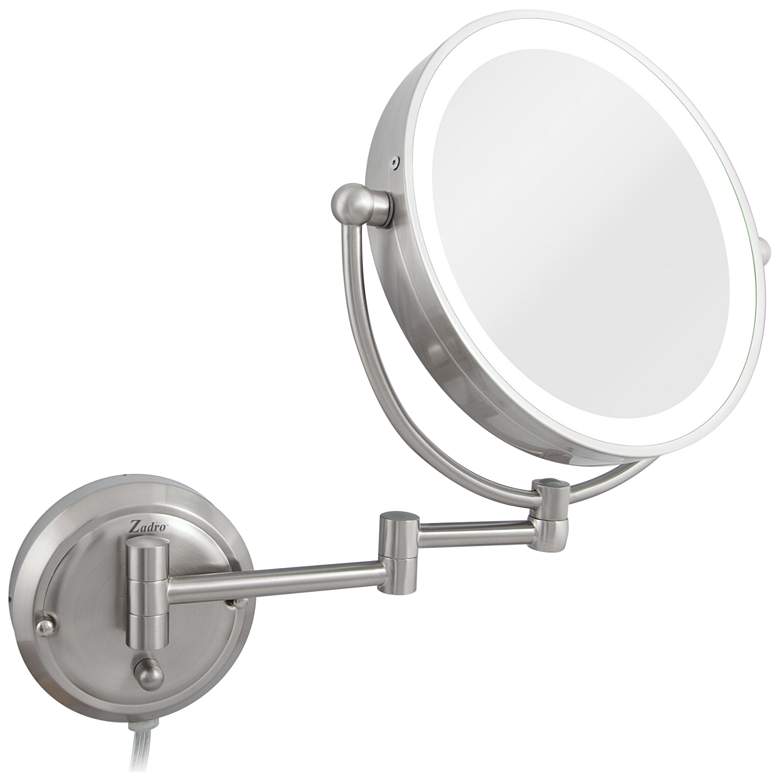 Image 1 Glamour Satin Nickel Round Adjustable Lighted Makeup Wall Mirror