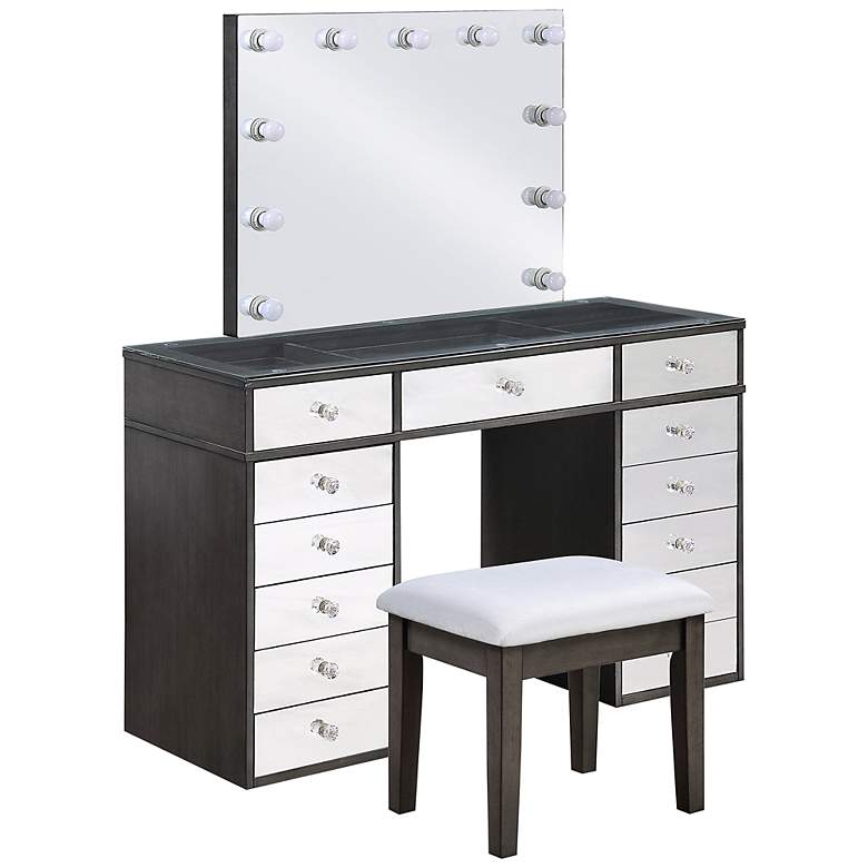 Image 2 Glanz Gray Wood 3-Piece 13-Drawer LED USBs Vanity Set