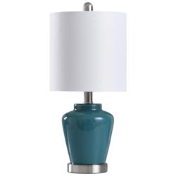 Glass Accent Teal Table Lamp With White Linen Shade