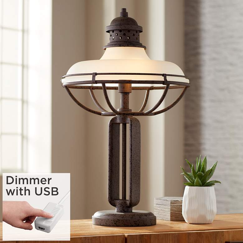 Image 1 Glass And Metal Industrial Table Lamp with Dimmer with USB Port