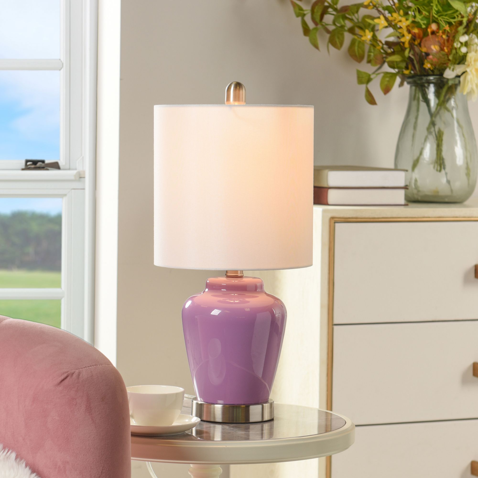 Glass Lilac Accent Table Lamp With White Linen Shade 327G5 Lamps Plus