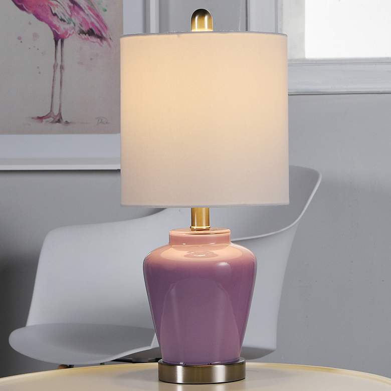 Image 1 Glass Lilac Accent Table Lamp With White Linen Shade