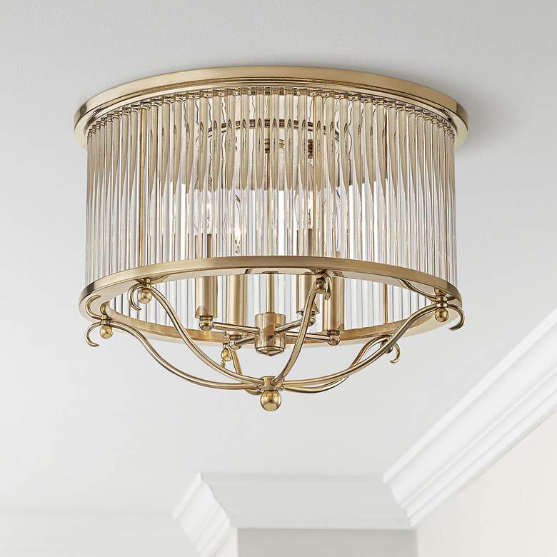 Glass No.1 19&quot; Wide Aged Brass Crystal Rods Ceiling Light