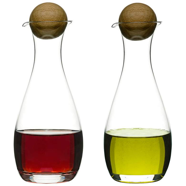 Image 1 Glass Oil and Vinegar Bottles with Oak Stoppers Set of 2