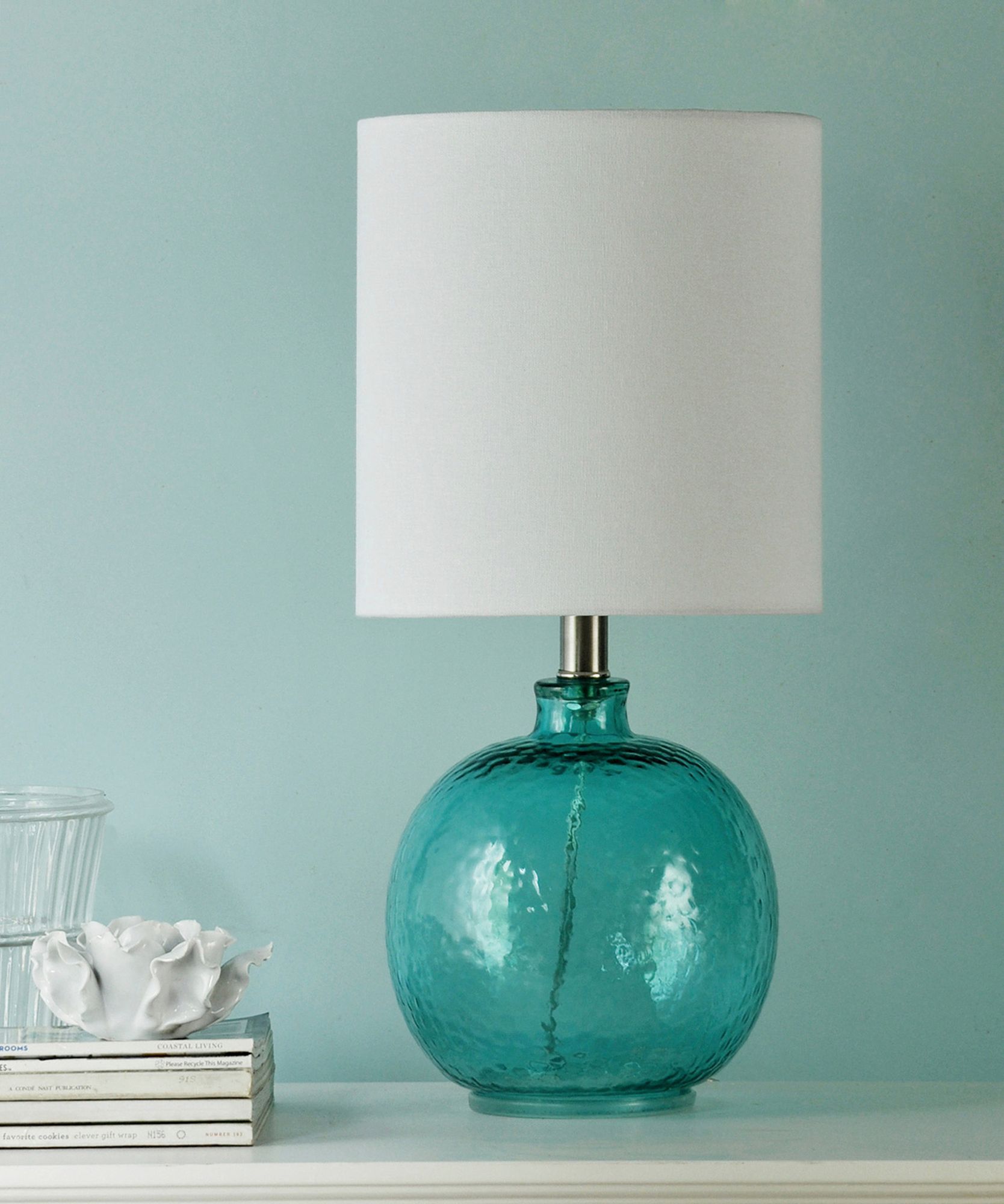 Image 6 Glass Table Lamp - Cerulean Finish - White Hardback Fabric Shade more views