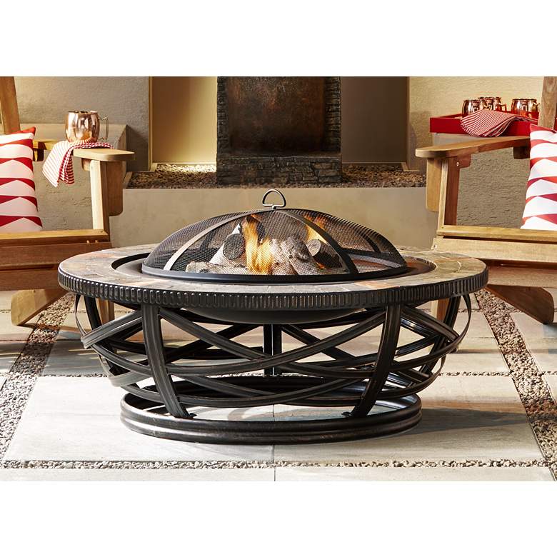 Image 1 Glendale 40" Wide Tuscan Slate Round Steel Outdoor Fire Pit