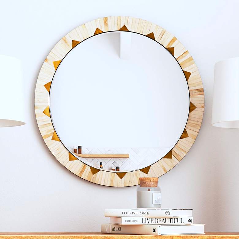 Image 2 Global White Bone 30" Round Wall Mirror