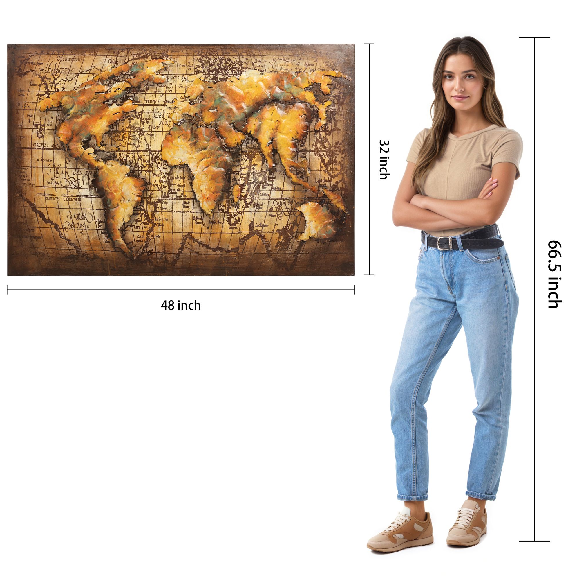 Globe Map 48" Wide Mixed Media Metal Dimensional Earth Wall Art in scene