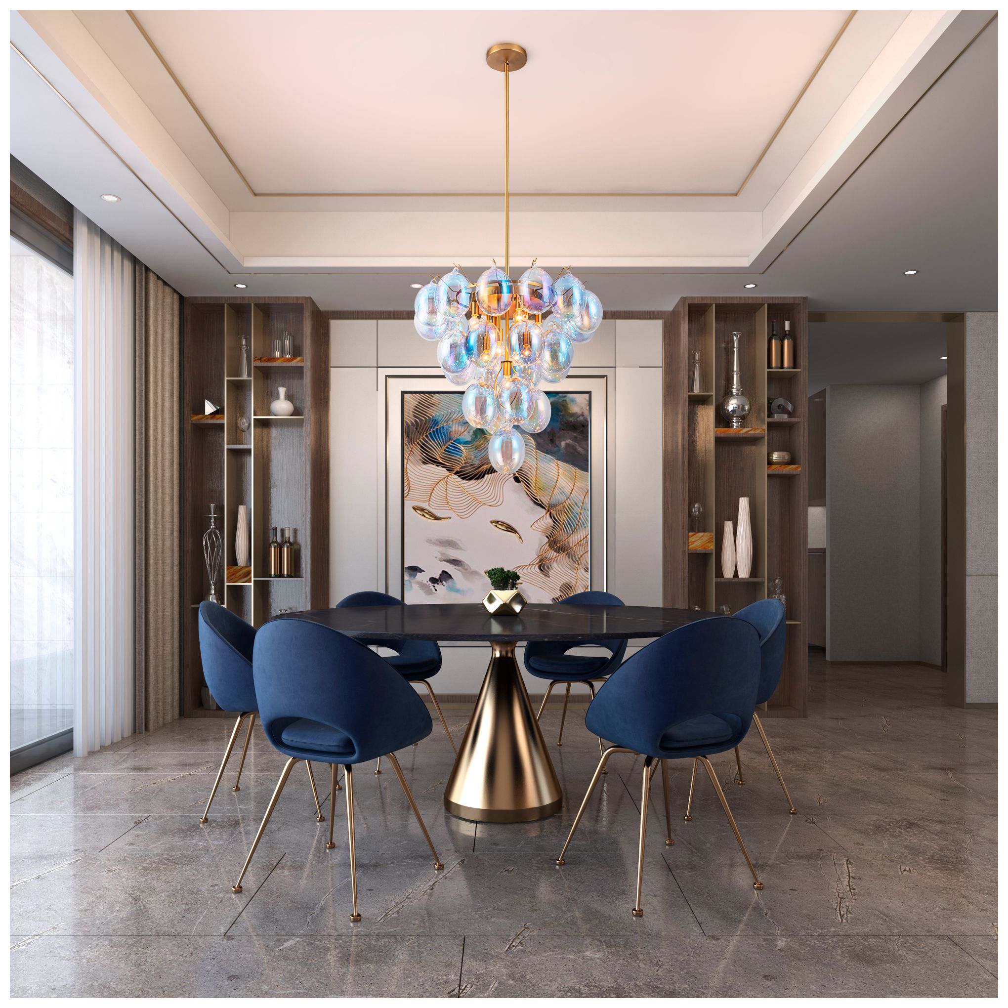 Image 4 Globo 25" Wide 9-Light Brass Chandelier With Iridescent Glass Shade more views