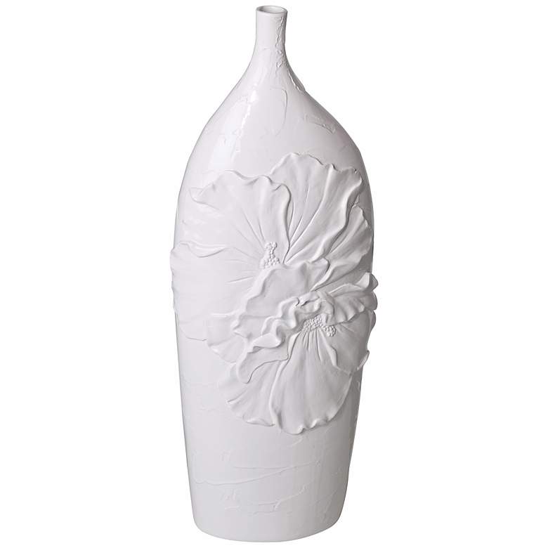 Image 1 Glossy White 16 inch High Floral Detail Vase