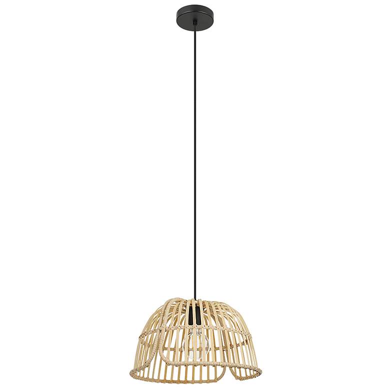Image 1 Glyneath 14.75" Wide Structured Black Pendant With Natural Wood Shade
