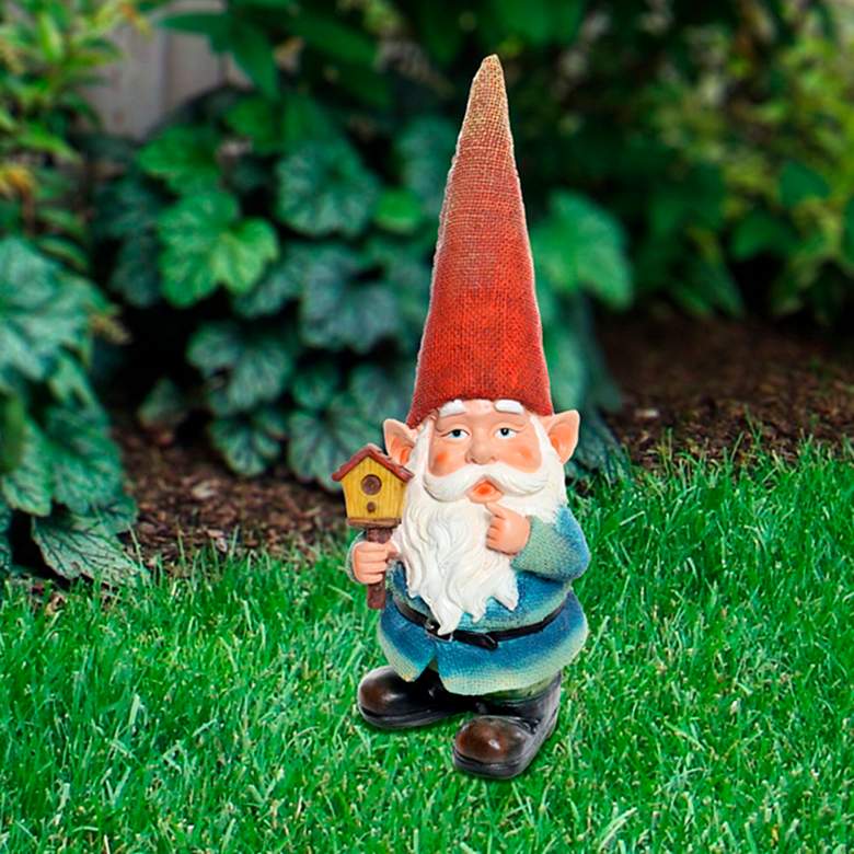 Gnome Holding a Bird House 15&quot; High Outdoor Garden Statue