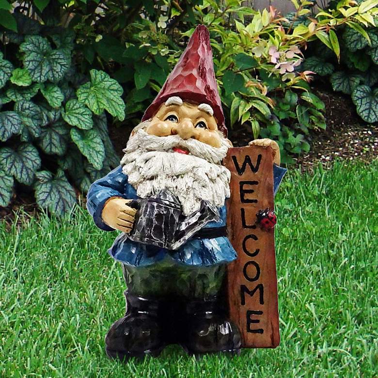 Image 1 Gnome with Welcome Sign 12" High Outdoor Garden Statue