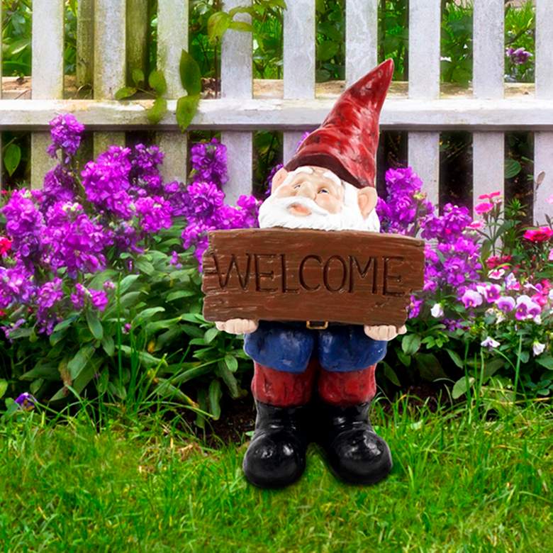 Image 1 Gnome with Welcome Sign 22 inch High Outdoor Garden Statue