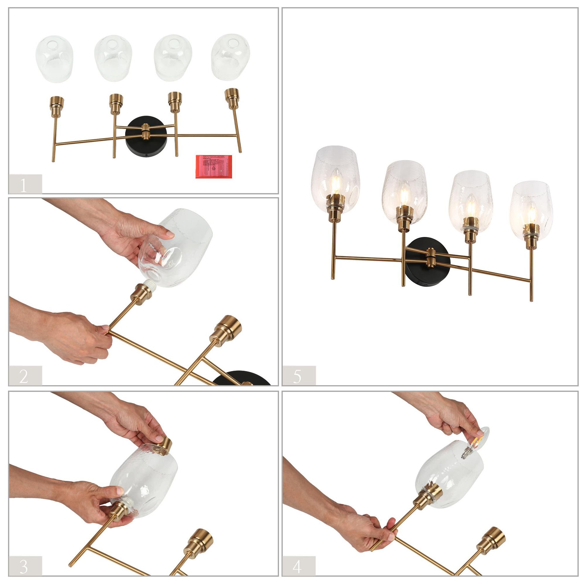 Image 4 Goblet 24.4"W Brass Black 4-Light Hammered Glass Bathroom Vanity Light more views