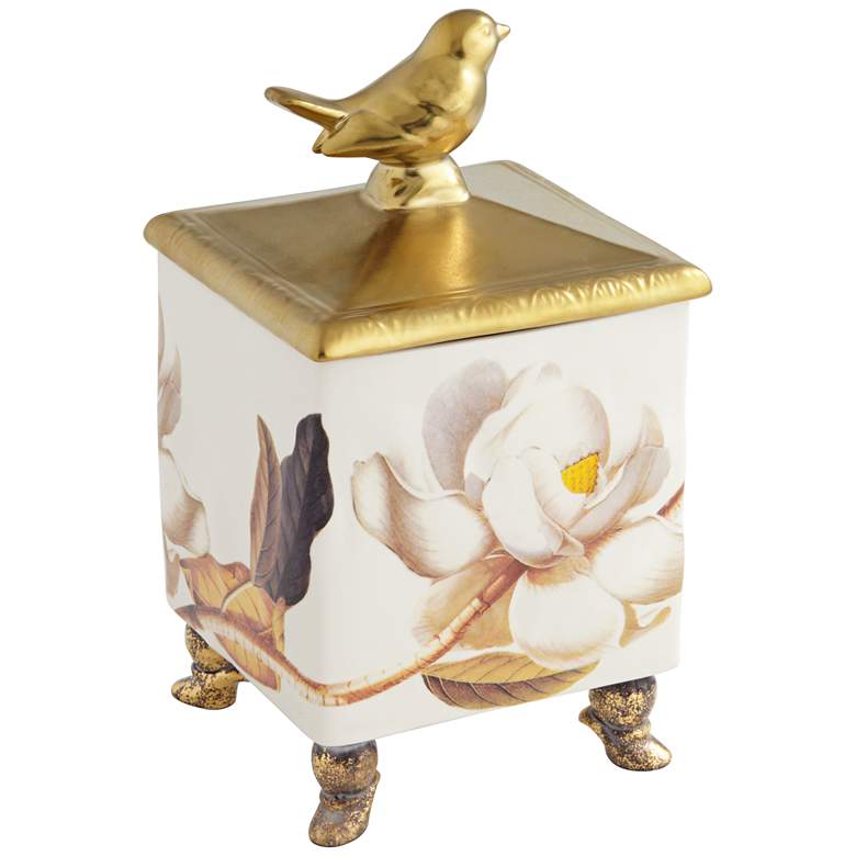 Image 1 Gold and White 8" High Dolomite Painted Song Bird Box