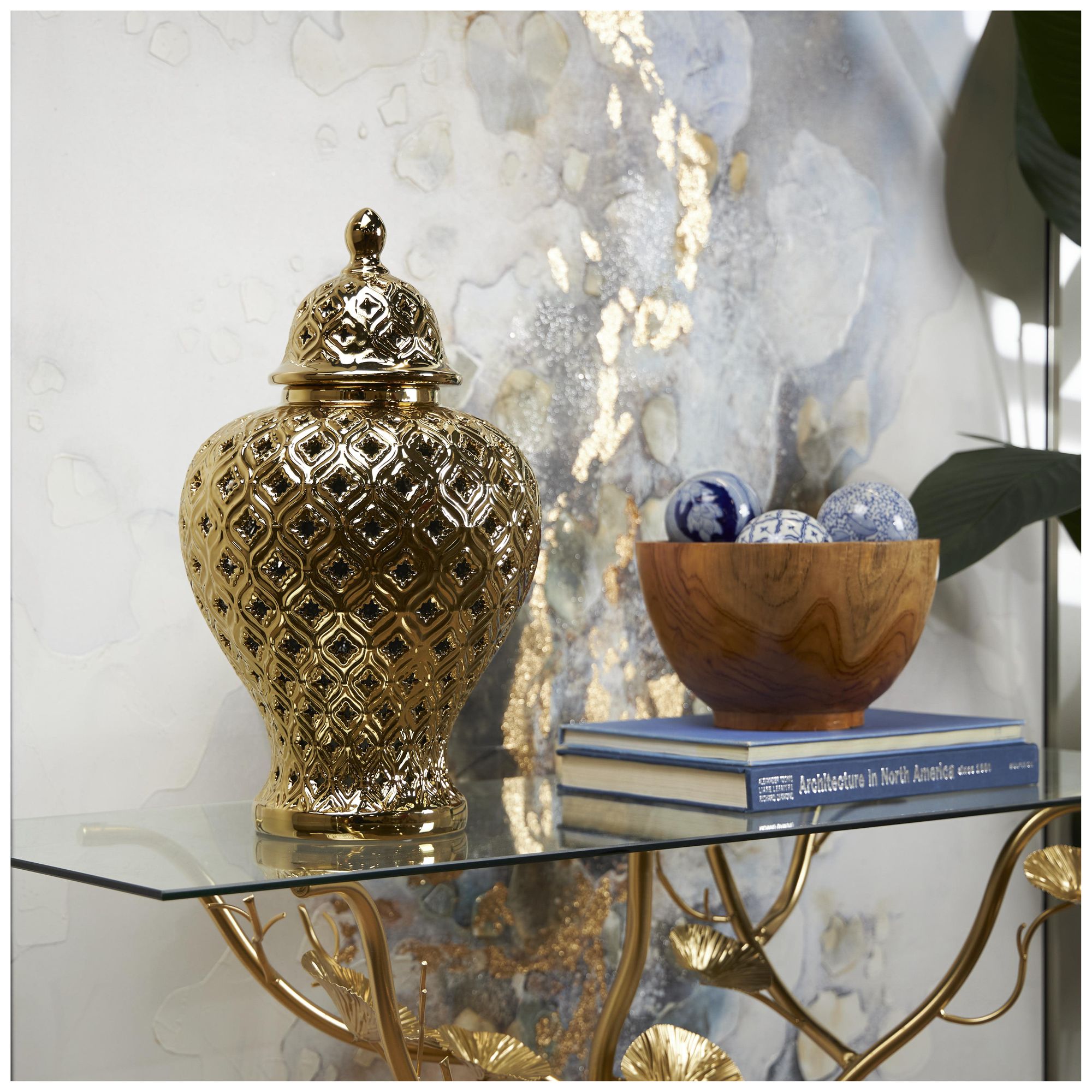 Image 4 Gold Ceramic Traditional Decorative Jars, 10" x 10" x 18" more views