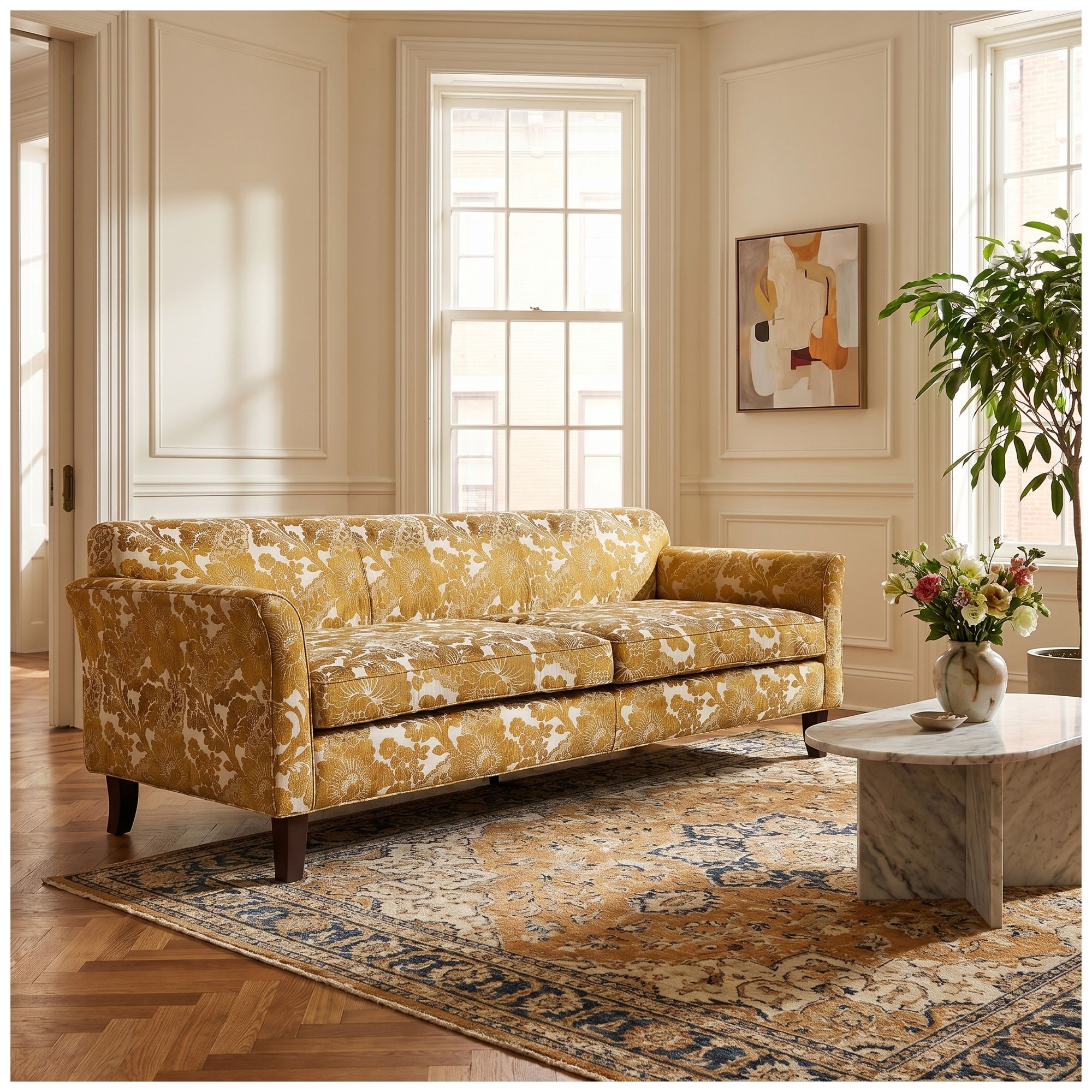 Image 2 Gold Damask Polyurethane Sofa with Pine Wood Frame more views