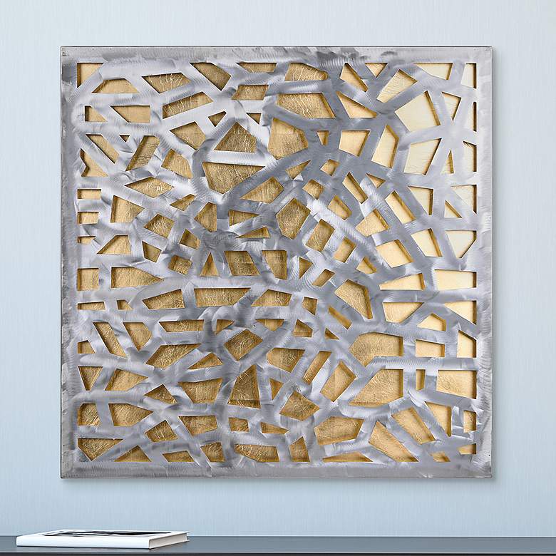 Gold Enigma 32&quot; Square Silver Gold Leaf 3D Metal Wall Art