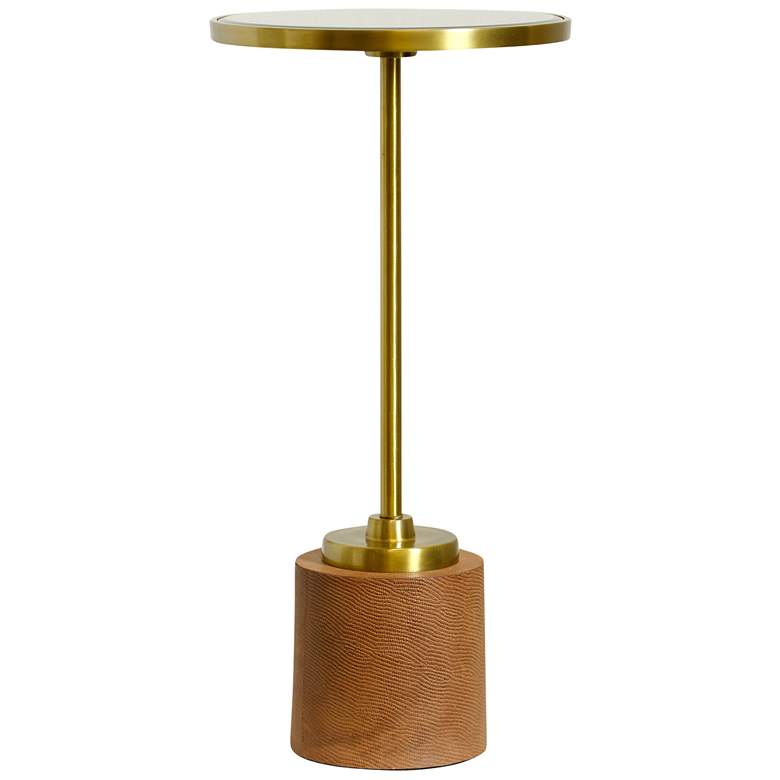 Image 1 Gold Iron Drink Table With Brown Leather Weighted Base & Clear Mirror T
