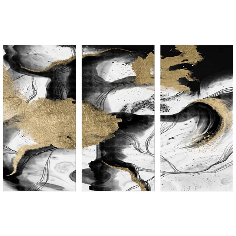 Gold Leaf and Black Swirl 40&quot;H Triptych Canvas Wall Art