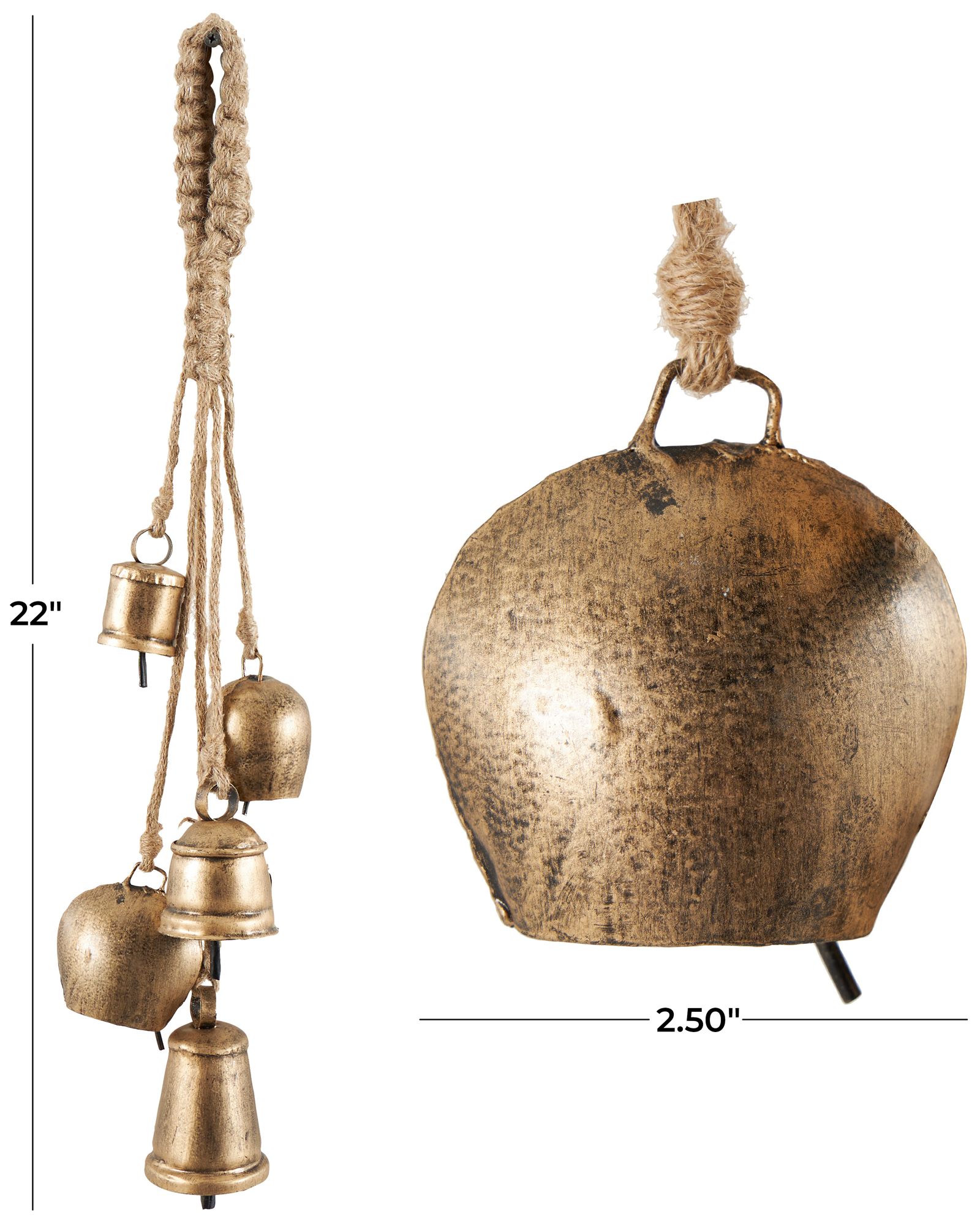 Image 7 Gold Metal Bohemian Decorative Cow Bells, 3" x 3" x 22" more views
