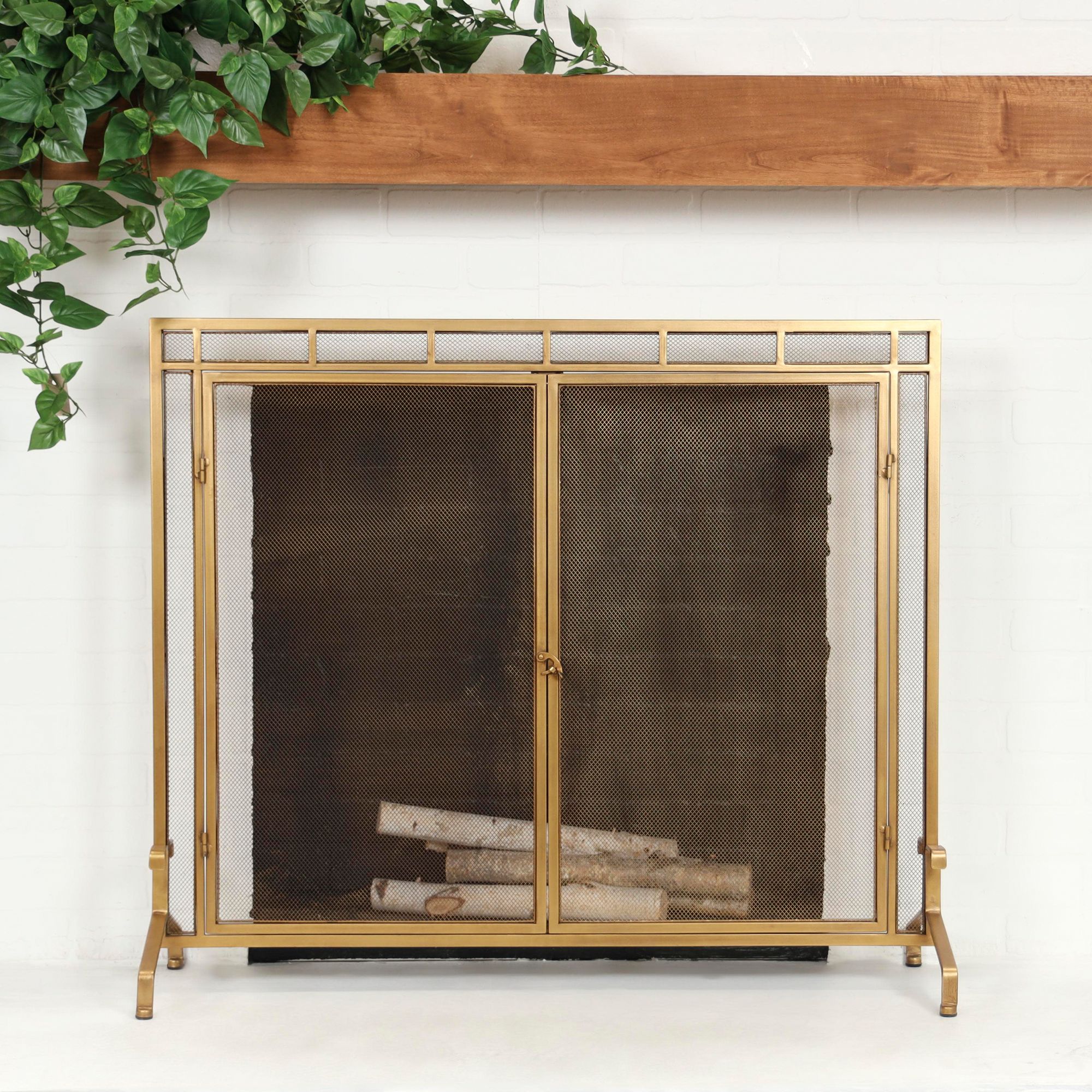 Image 4 Gold Metal Modern Fireplace Screen, 39" x 13" x 34" more views