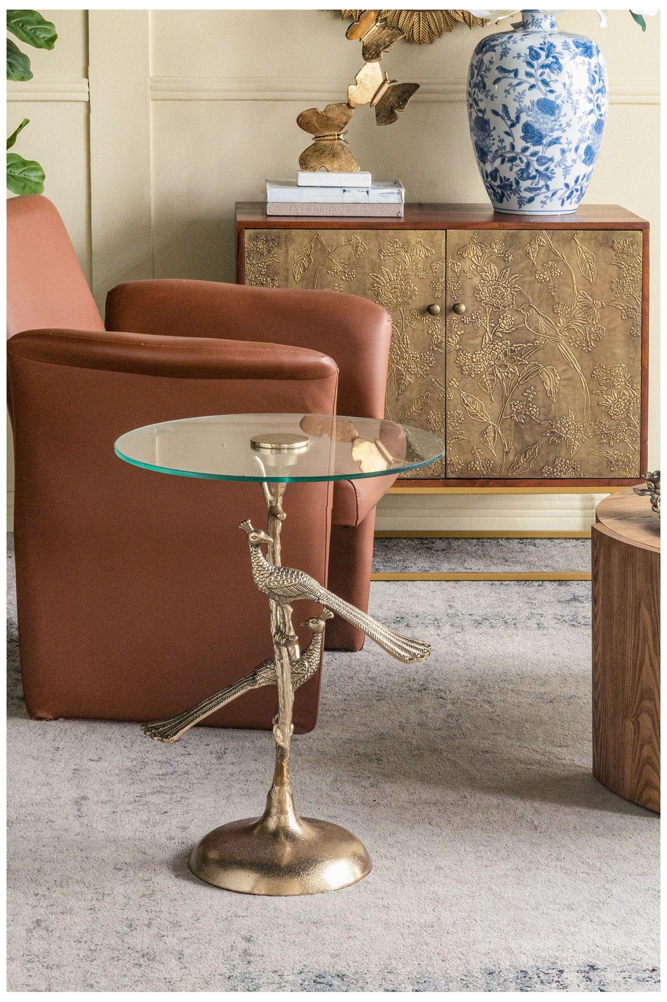 Gold Peacock Side Table w/ Round Glass Top - 17.5"Dia. x 24" - Gold, Clear