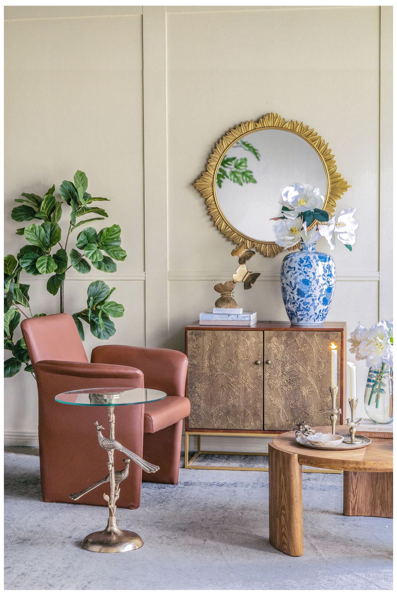 Gold Peacock Side Table w/ Round Glass Top - 17.5"Dia. x 24