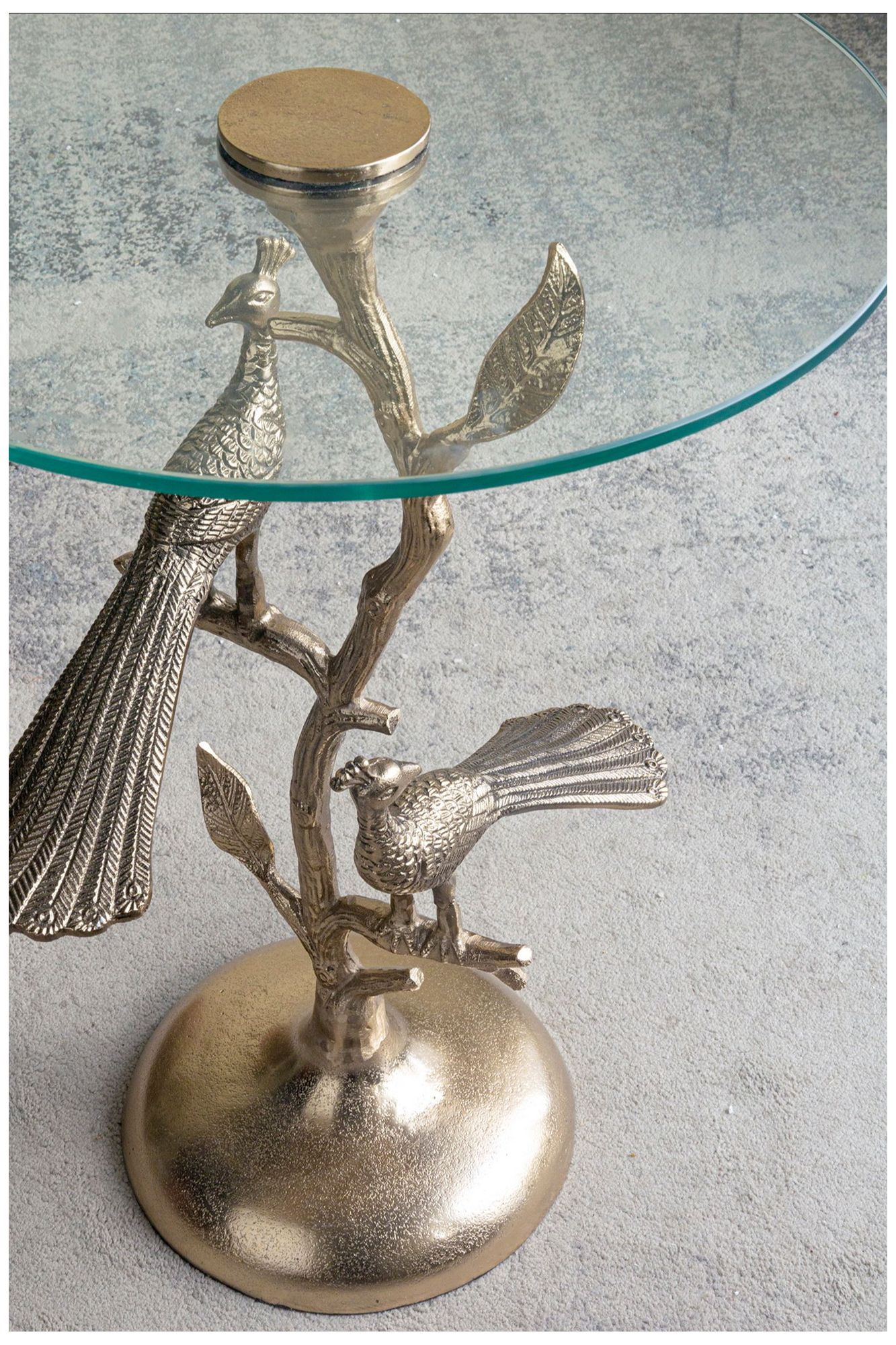 Gold Peacock Side Table w/ Round Glass Top - 17.5"Dia. x 24