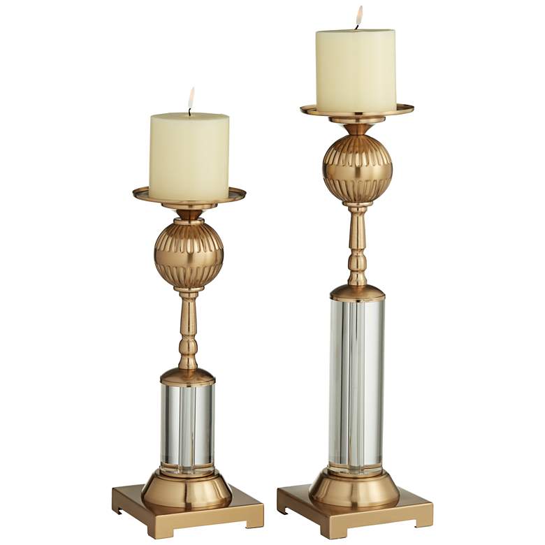 Image 1 Gold Plated Metal and Crystal Pillar Candle Holders Set of 2