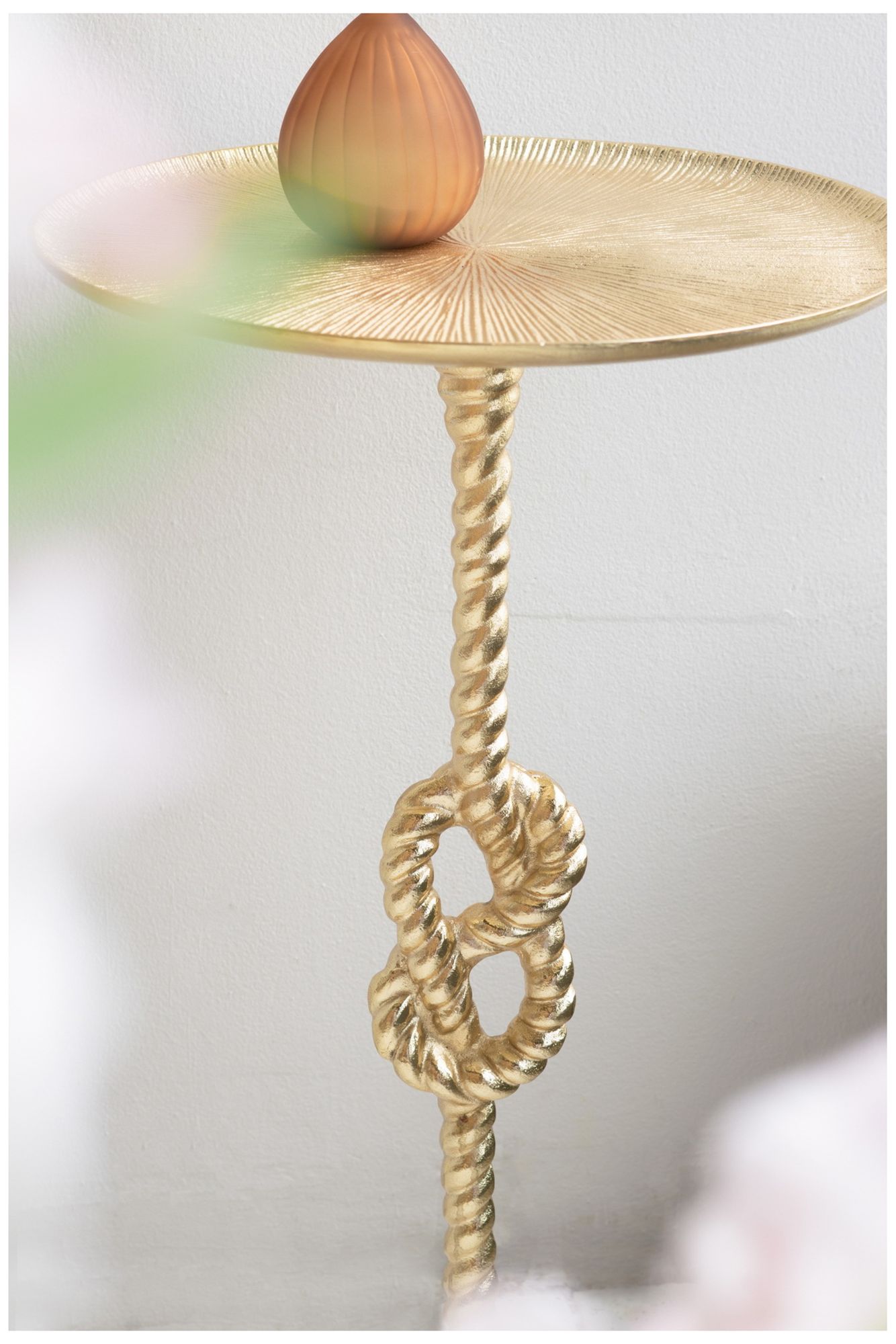 Gold Side Table w/ Rope Knot Design & White Marble Base