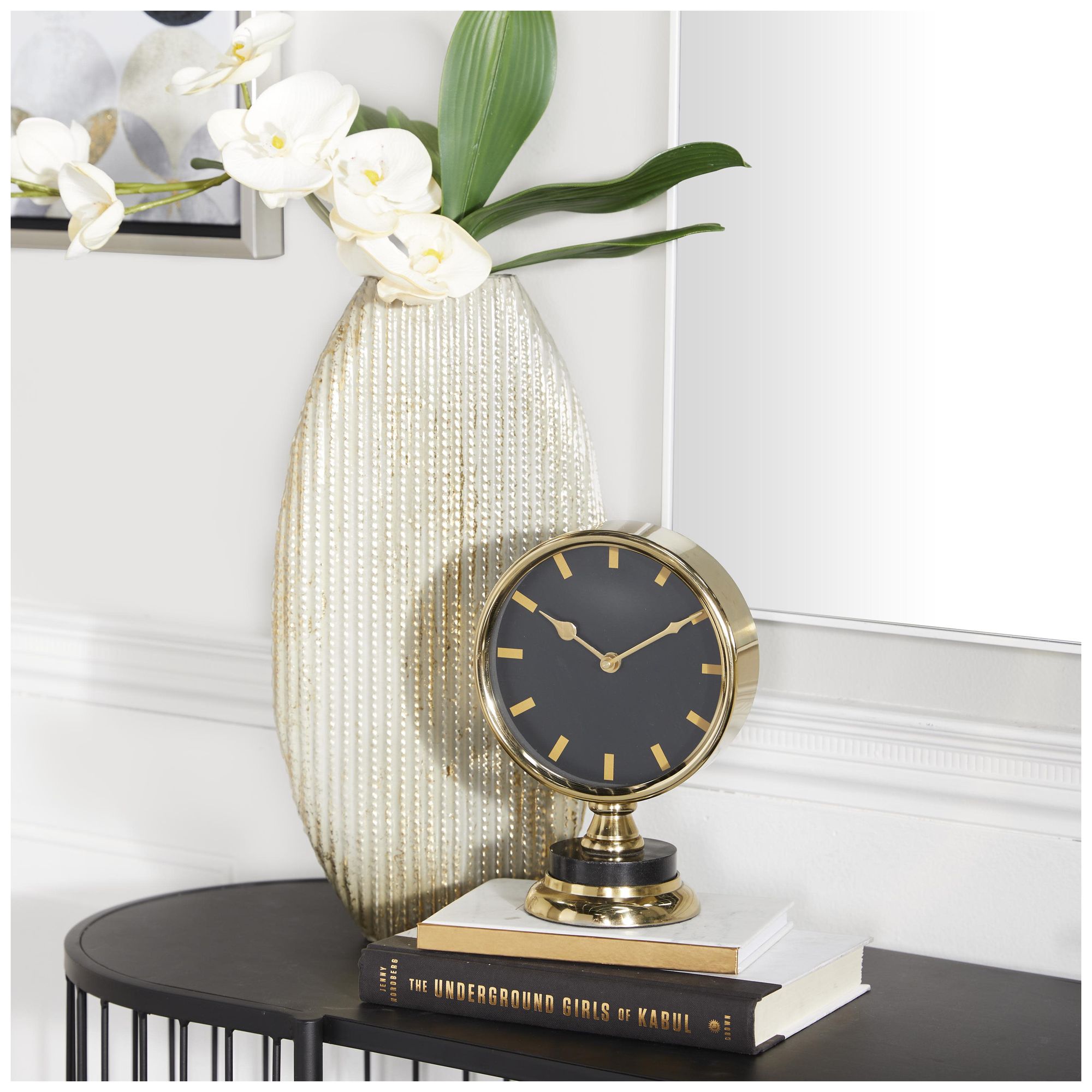 Image 4 Gold Stainless Steel Metal Modern Clock, 6" x 4" x 9" more views