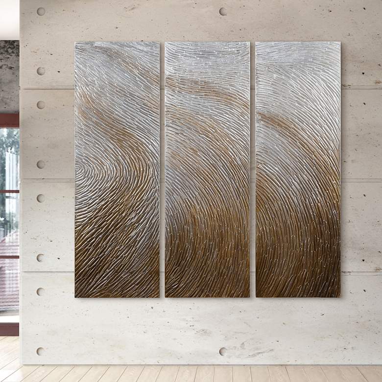 Image 2 Gold Waves 60" High Metallic 3-Piece Canvas Wall Art Set