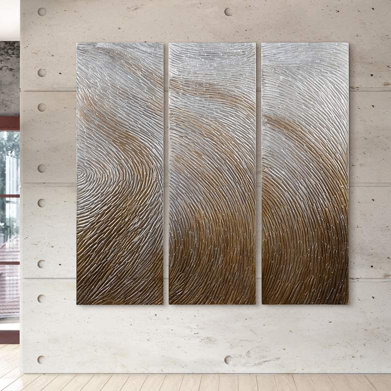 Image 2 Gold Waves 60" High Metallic 3-Piece Canvas Wall Art Set