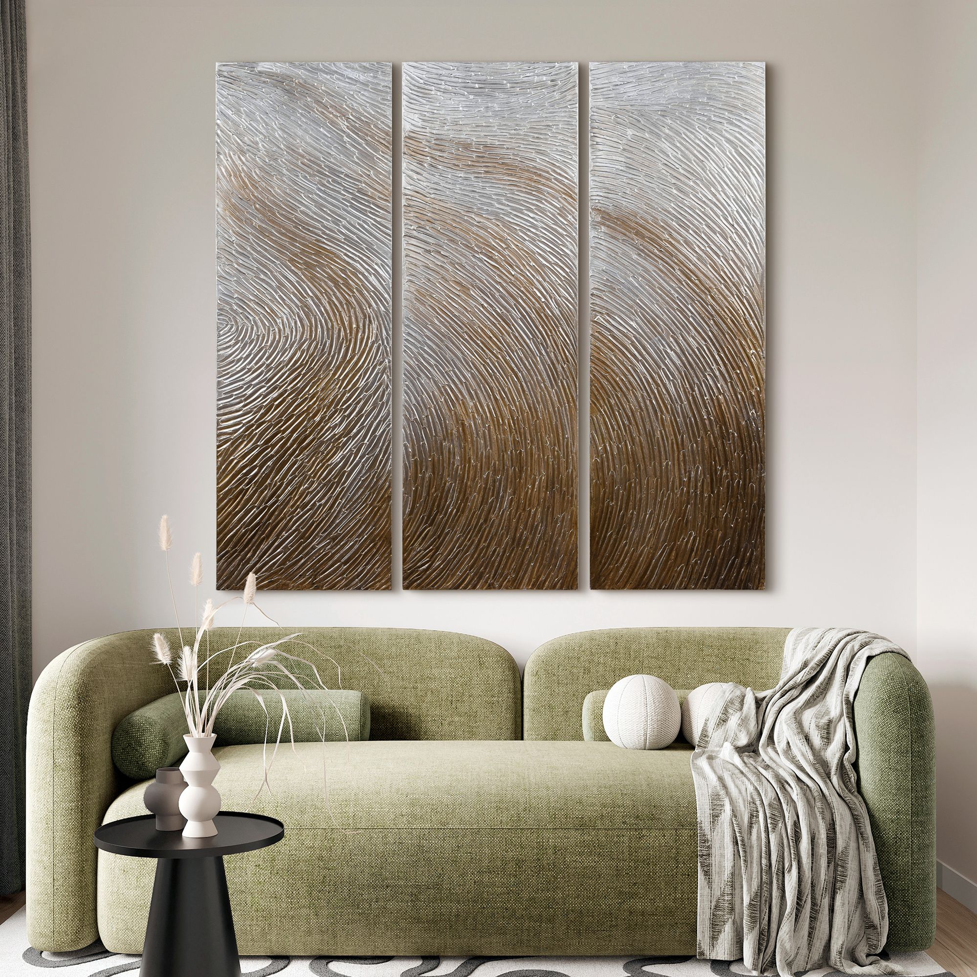 Gold Waves 60" High Metallic 3-Piece Canvas Wall Art Set in scene