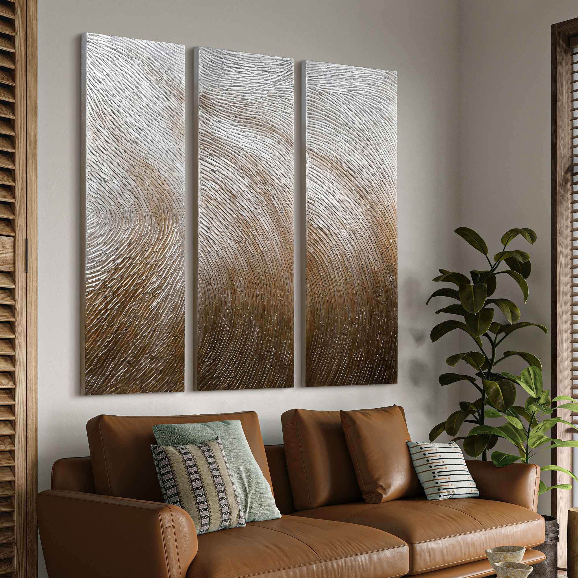Gold Waves 60" High Metallic 3-Piece Canvas Wall Art Set in scene
