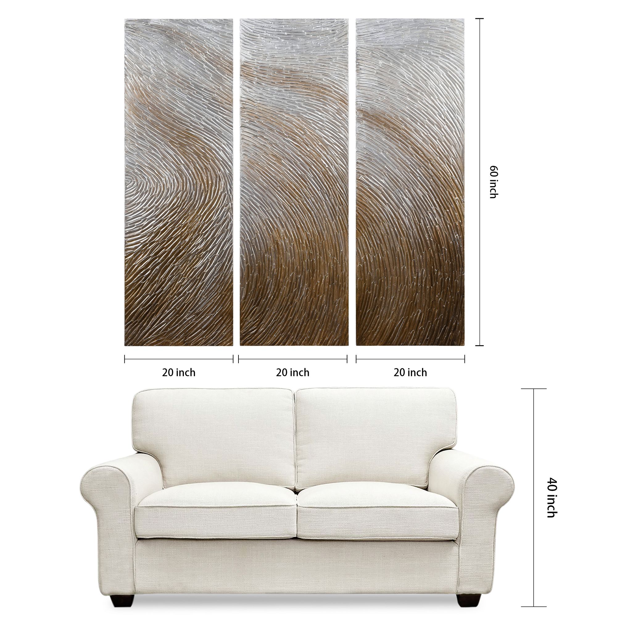 Gold Waves 60" High Metallic 3-Piece Canvas Wall Art Set in scene
