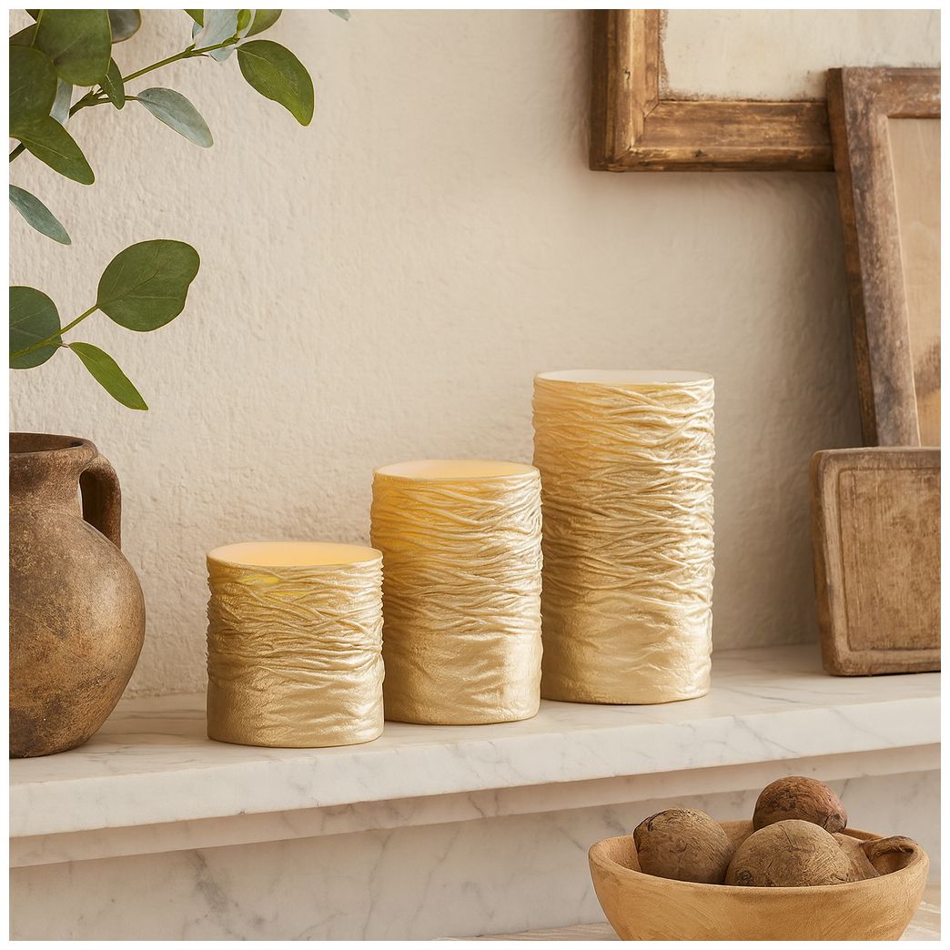 Image 4 Gold Wax Traditional Flameless Candle, S/3 6", 4", 3"H more views