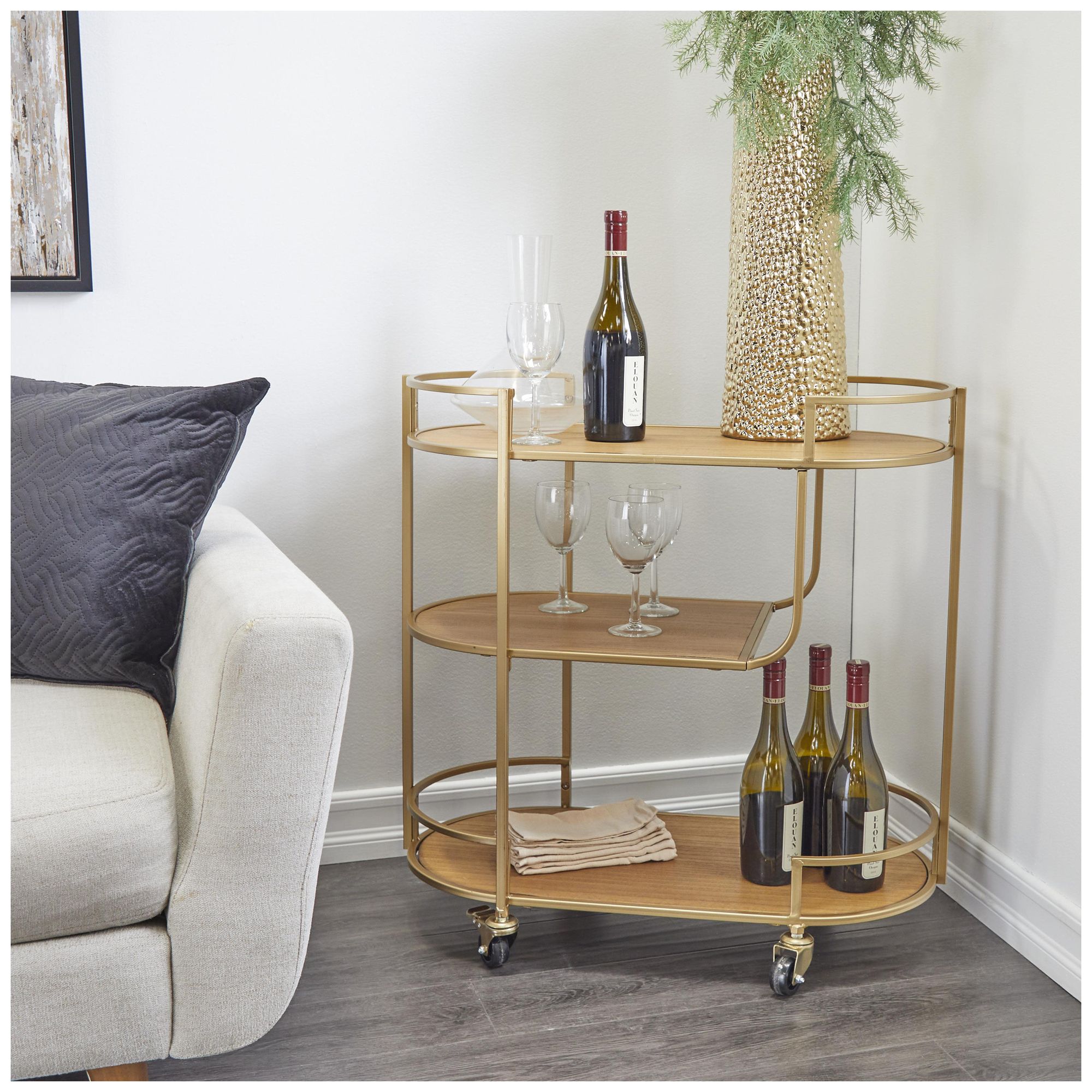 Image 3 Gold Wood Contemporary Bar Cart, 30" x 15" x 30" more views