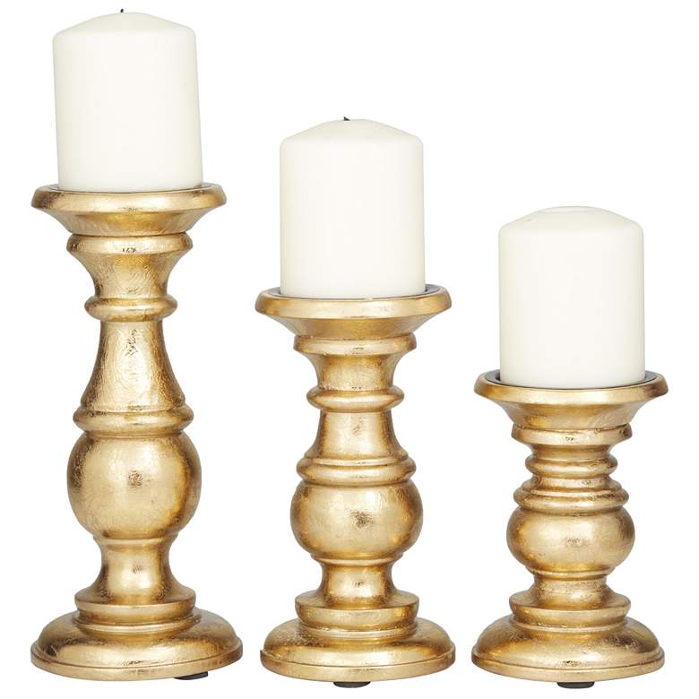 Image 1 Gold Wood Turned Pillar Decorative Candle Holder, Set of 3 10", 8", 6"H