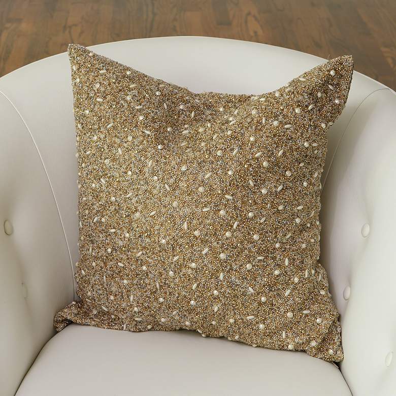 Image 1 Golden Beaded Gold 20" Square Decorative Throw Pillow