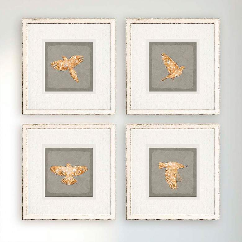 Golden Birds I 16&quot; Square 4-Piece Giclee Framed Wall Art Set