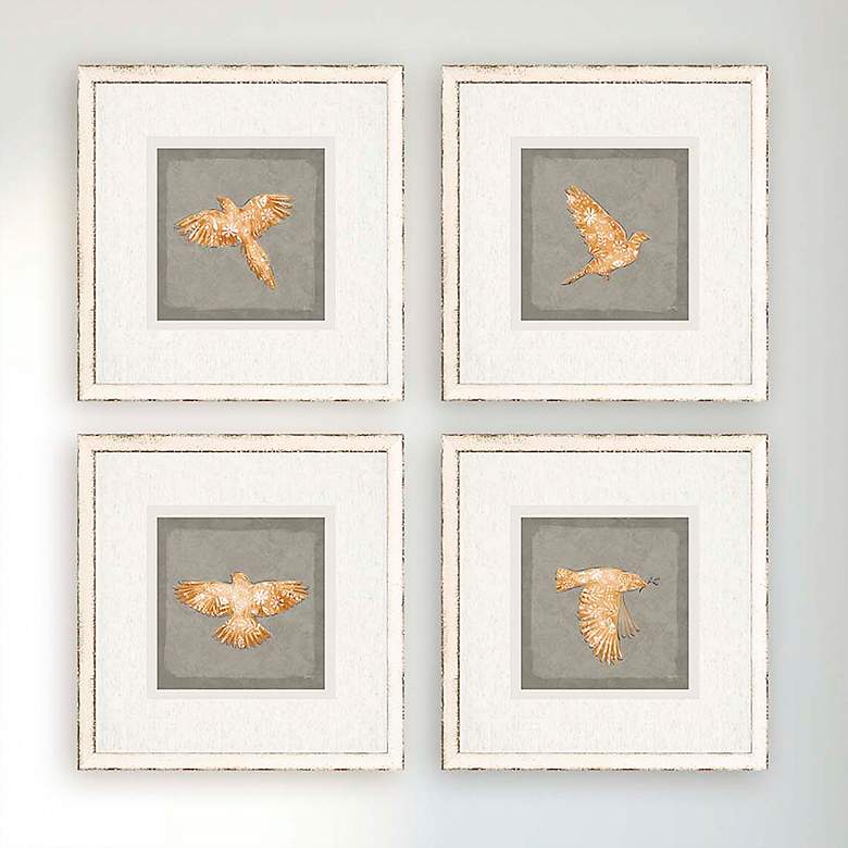 Image 1 Golden Birds I 16" Square 4-Piece Giclee Framed Wall Art Set