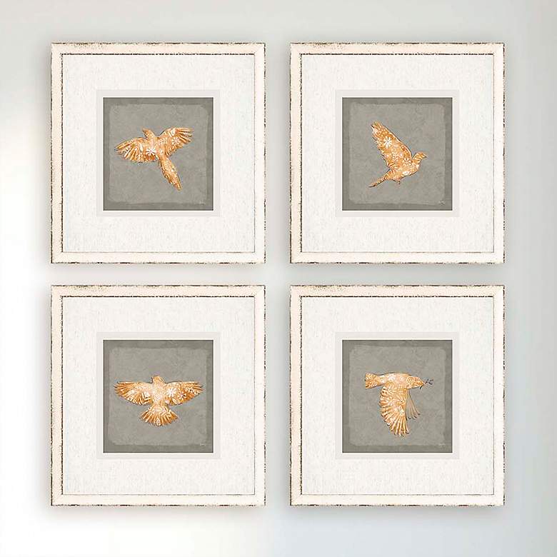 Image 1 Golden Birds I 16 inch Square 4-Piece Giclee Framed Wall Art Set