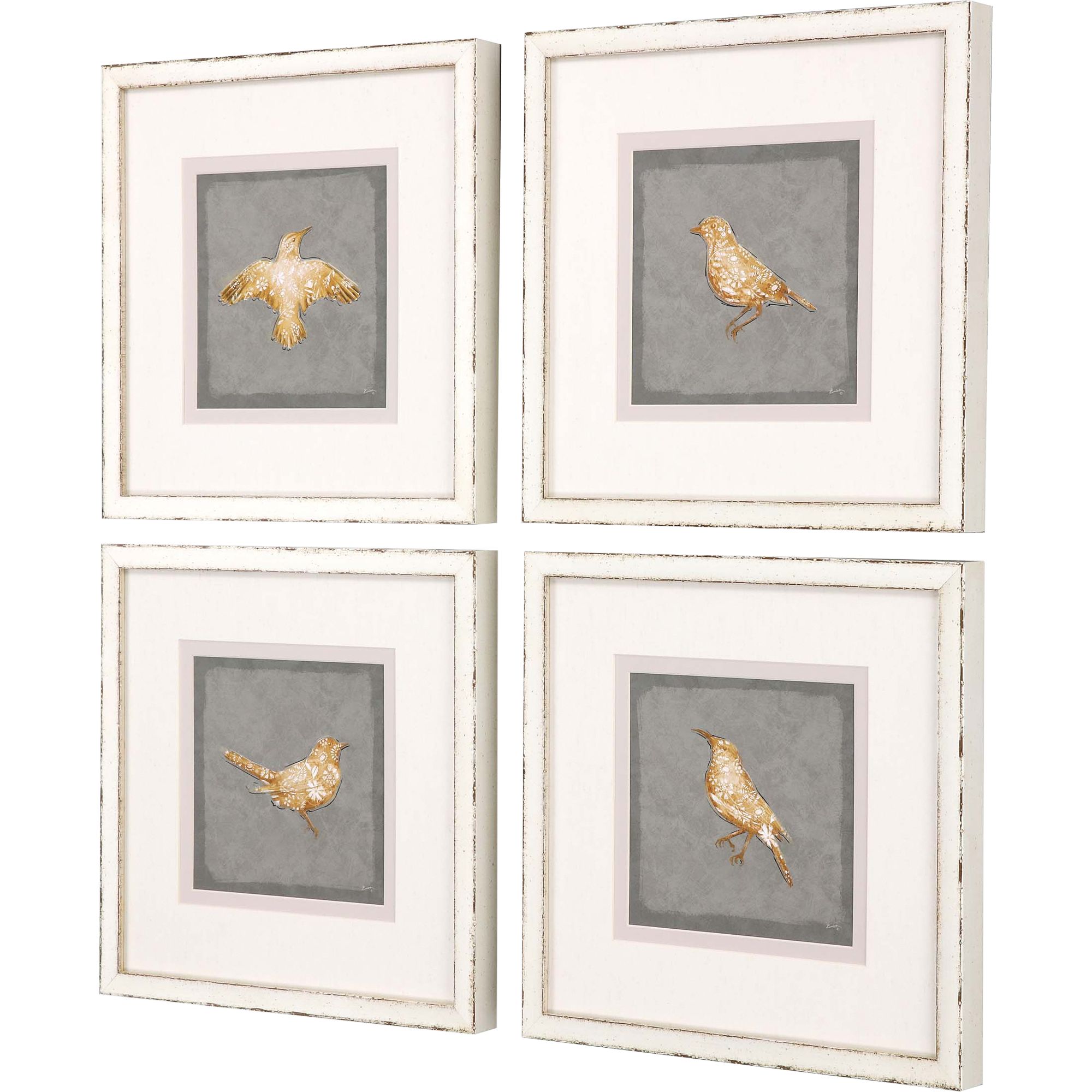 Golden Birds II 16" Square 4Piece Framed Wall Art Set 002H3 Lamps