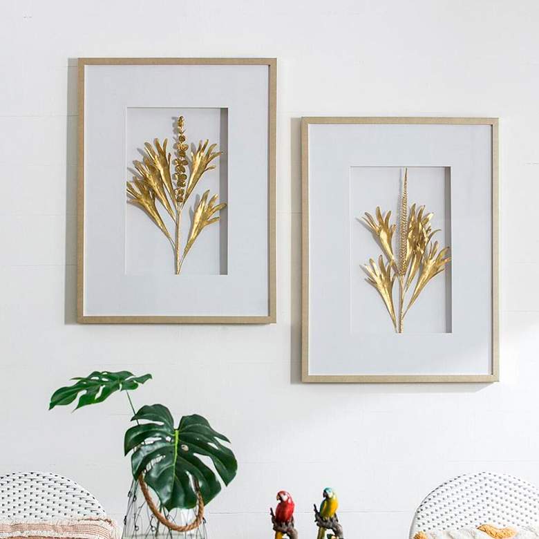 Image 1 Golden Botanical Flowers 31 1/2" High Gold Finish Wall Art Set of 2