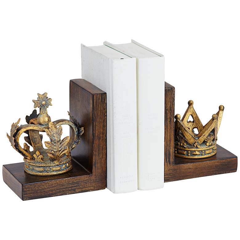 Image 2 Golden Crowns 6 inch High King and Queen Antique Bookends Set
