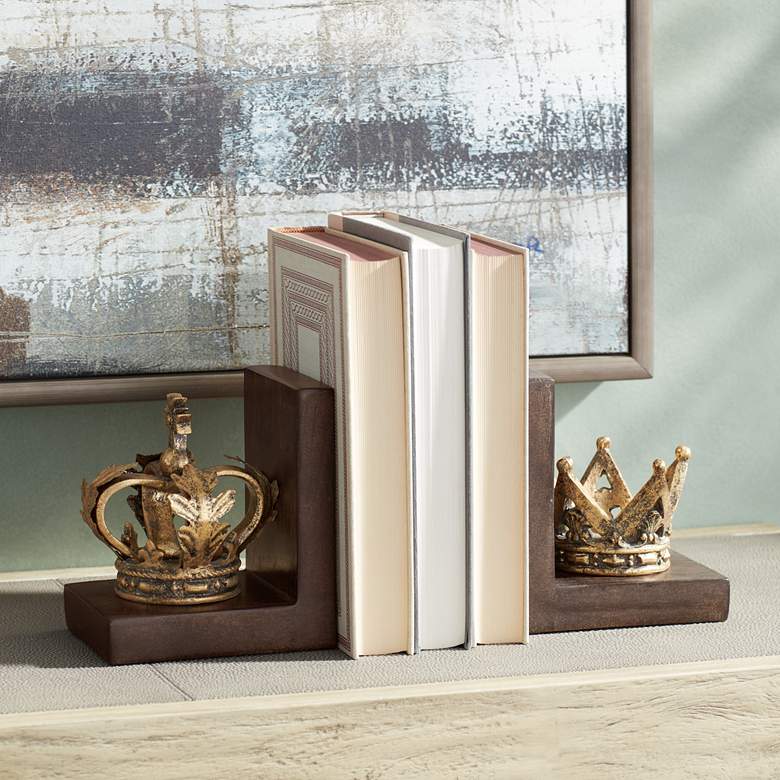 Image 1 Golden Crowns 6" High King and Queen Antique Bookends Set
