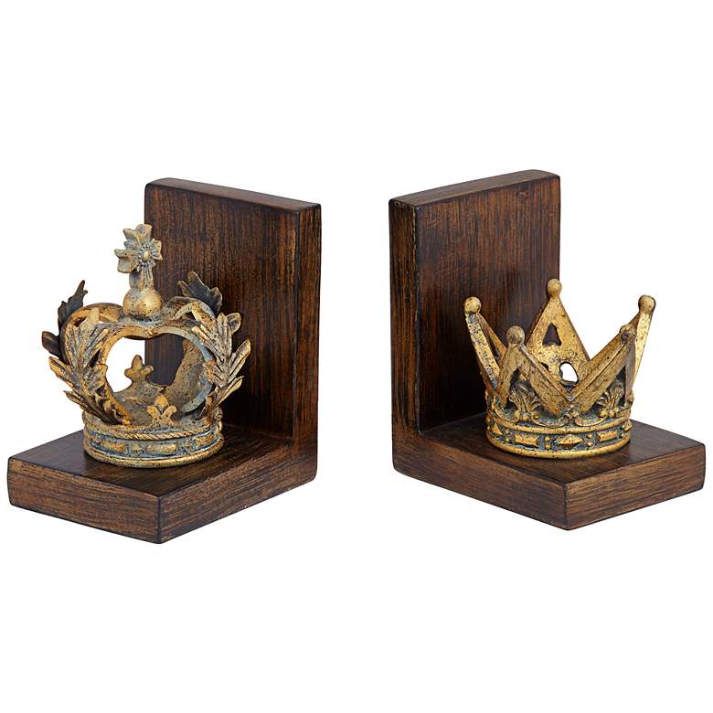 Image 3 Golden Crowns 6 inch High King and Queen Antique Bookends Set more views